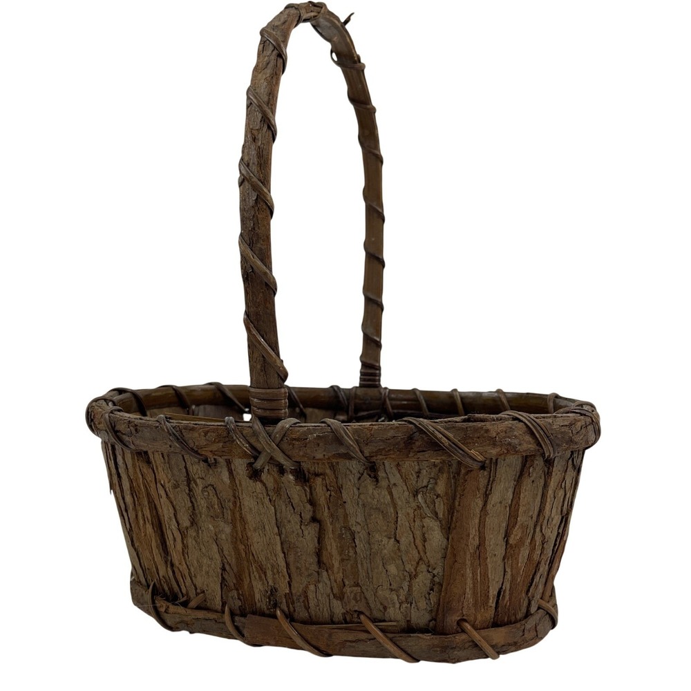 Rustic Natural Tree Bark Gathering Basket with Handle Oval Primitive Wood Decor